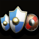 three shields, two kite checkered blue and one circular brown with red stripe