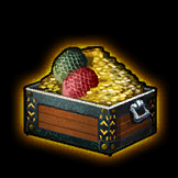 open chest without cover flooding with gold coins and two dragon eggs, green and red