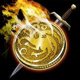 flaming gold coin with targaryen emblem over dagger