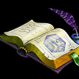open purple hardcover book with diagrams and blurry text, with green papermark and purple quill in ink bottle above