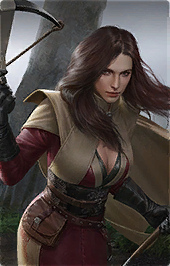 dark haired woman holding a crossbow upwards