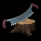 sawblade with handles on either side stuck on tree stump