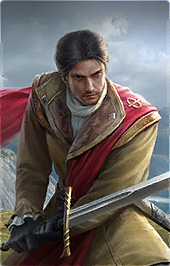dark haired male in gold with red cape wielding sword with both hands