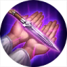 dagger held with two hands over purple black background