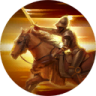 horse rider with extended sword and yellow orange trail