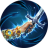 jeweled hand holding sword over swirling blue background